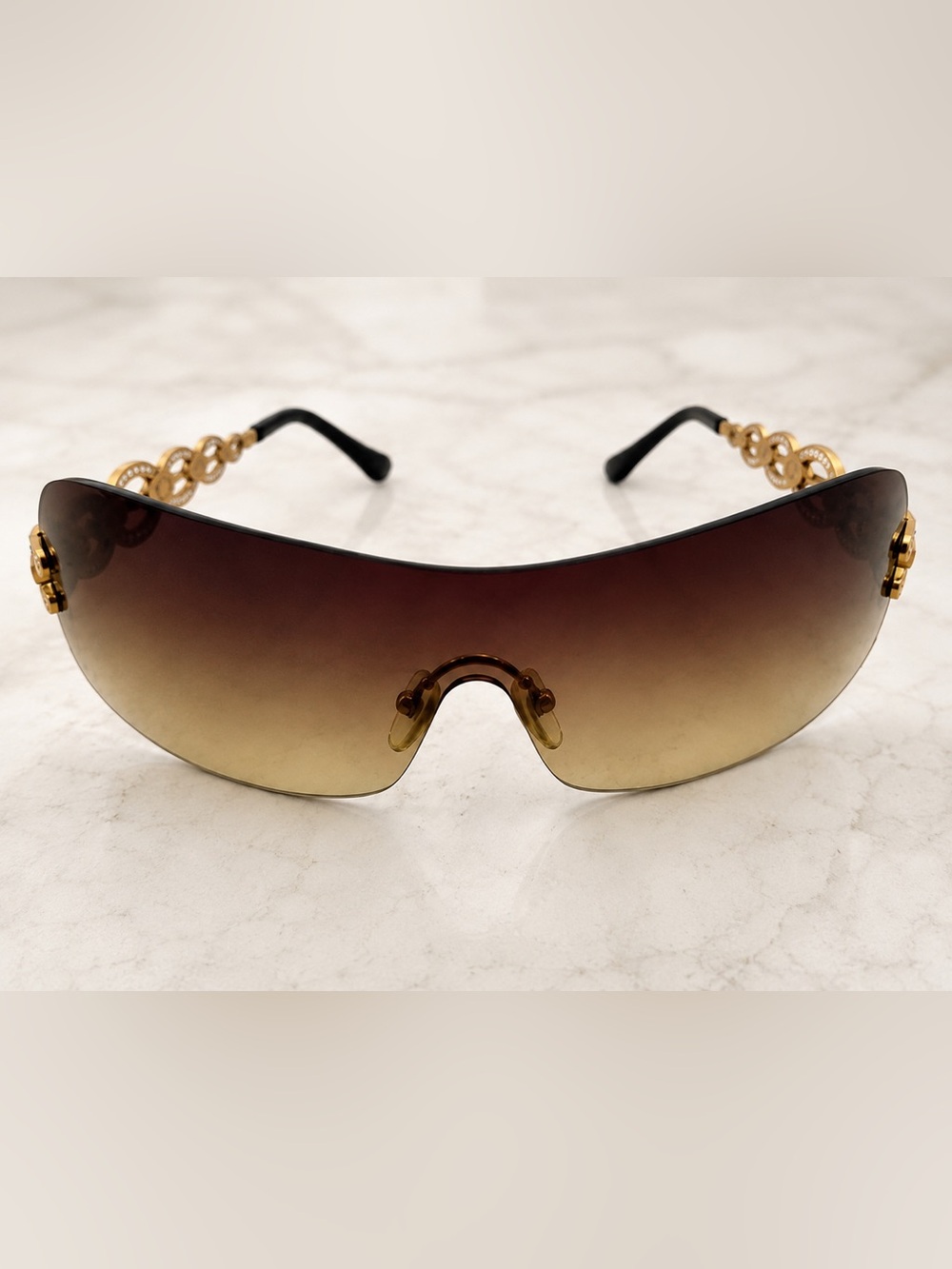 Vintage Versace 2053-B Y2K Brown Shield Crystal Gold Sunglasses Italy